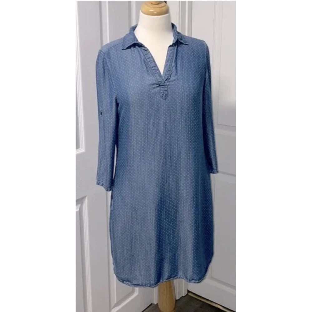 Kenneth Cole Reaction Blue Polka Dot Tencel Shirt Dress Sz 6 Roll Tab Sleeve